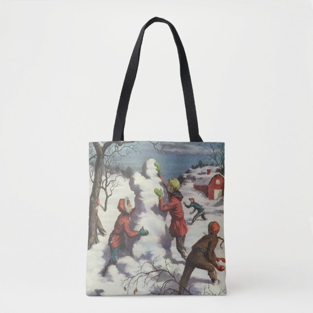Bolsa Tote Natais vintages, Crianças, Luta com Neve (Frente)