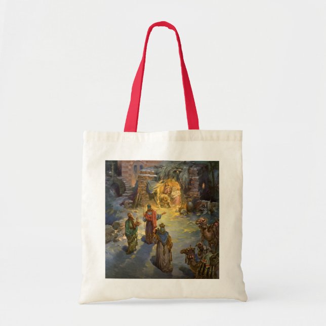 Bolsa Tote Natais vintages Natividade com Magi Visitante (Frente)