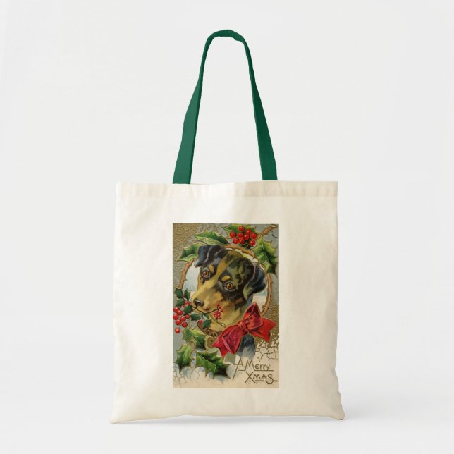 Bolsa Tote Natal Antigo, Cachorrinho Dachshund com Azevinho (Frente)