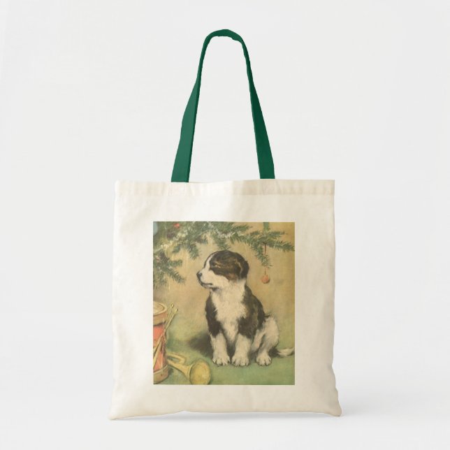 Bolsa Tote Natal Antigo, Cachorrinho Fofo sob a Árvore de Nat (Frente)