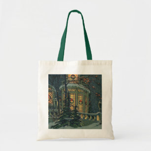 Bolsa Tote Natal Antigo, Casa com Grinaldas nas Janelas