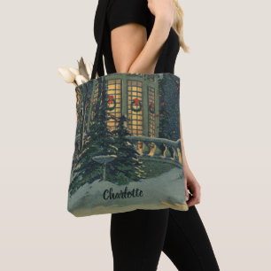 Bolsa Tote Natal Antigo, Casa com Grinaldas nas Janelas