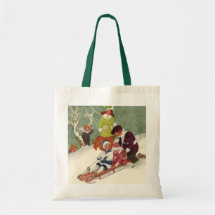 Bolsa Tote Natal Antigo, Crianças Deslizando no Trineo na Nev