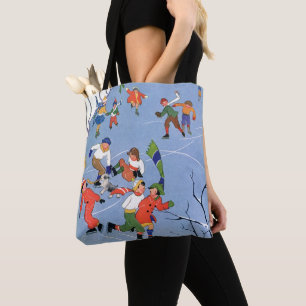 Bolsa Tote Natal Antigo, Crianças Patinando no Gelo em um Lag