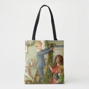 Bolsa Tote Natal Antigo, Crianças Vitorianas Decorando