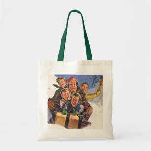 Bolsa Tote Natal Antigo, Família Feliz Deslizando em Trenó