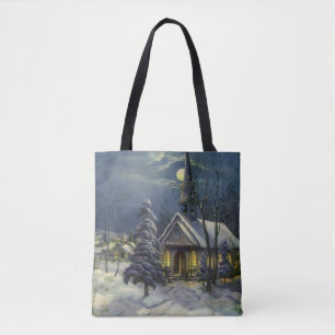 Bolsa Tote Natal Antigo, Igreja de Inverno na Neve com Lua