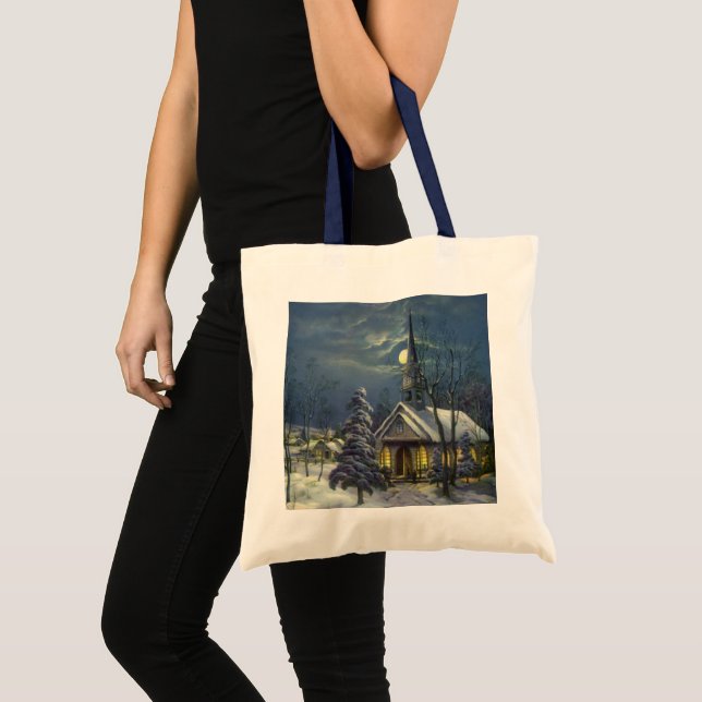 Bolsa Tote Natal Antigo, Igreja de Inverno na Neve com Lua (Frente (produto))