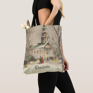 Bolsa Tote Natal Antigo, Igreja na Paisagem Invernal