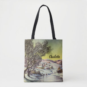 Bolsa Tote Natal Antigo, Lago Congelado com Patinadores no Ge