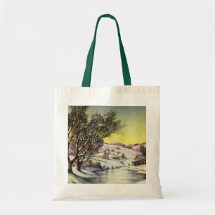 Bolsa Tote Natal Antigo, Lago Congelado com Patinadores no Ge