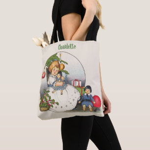 Bolsa Tote Natal Antigo, Menina Feliz Brincando com Bonecas