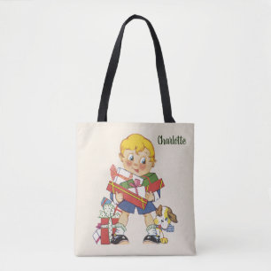 Bolsa Tote Natal Antigo, Menino com Presentes e Cachorrinho