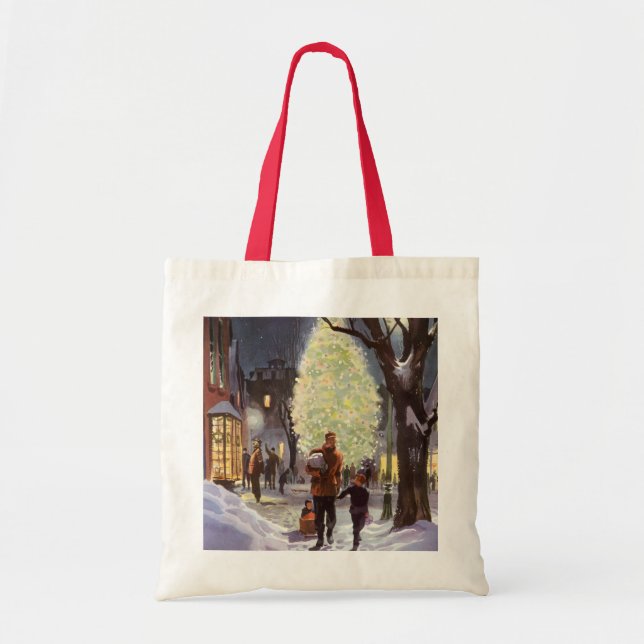 Bolsa Tote Natal Antigo, Pai Fazendo Compras com as Crianças (Frente)