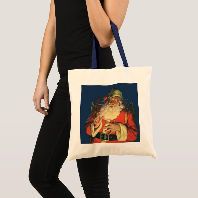 Bolsa Tote Natal Antigo, Papai Noel Alegre com Brinquedos (Frente (produto))