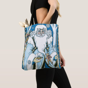 Bolsa Tote Natal Antigo, Papai Noel Azul com Bola de Neve