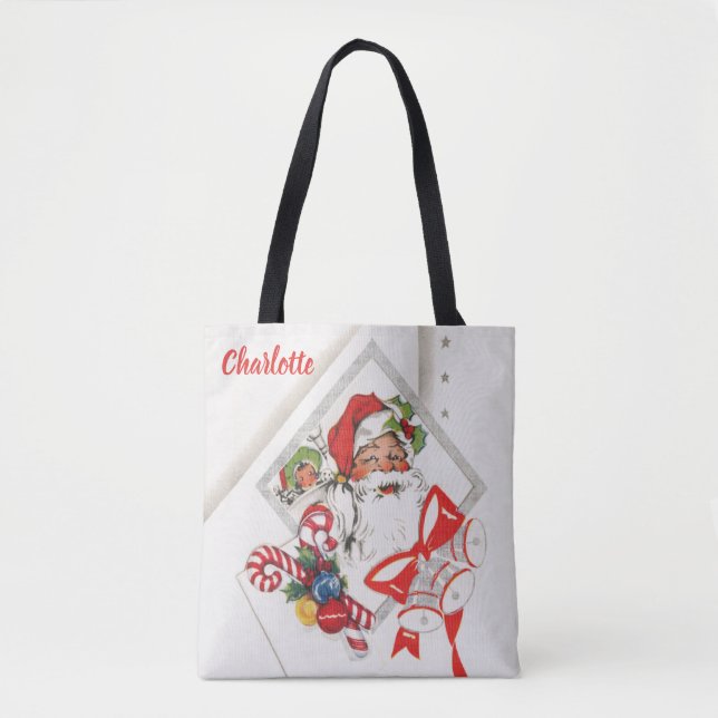 Bolsa Tote Natal Antigo, Papai Noel com Bengalas de Doces (Frente)