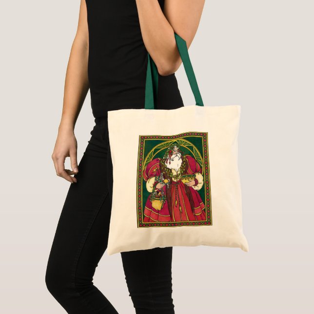Bolsa Tote Natal Antigo, Papai Noel com Folhas de Azevinho (Frente (produto))