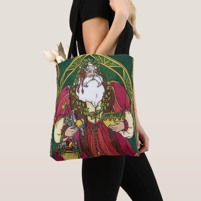 Bolsa Tote Natal Antigo, Papai Noel com Folhas de Azevinho (Close Up)