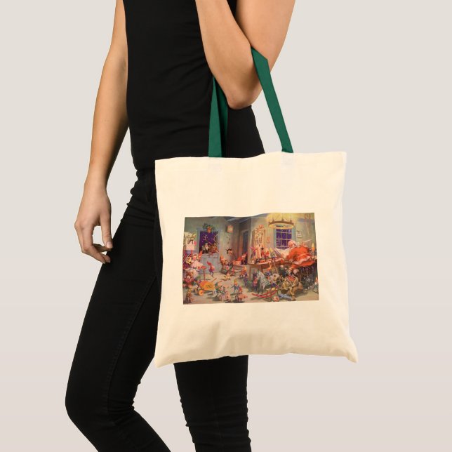 Bolsa Tote Natal Antigo, Papai Noel com Oficina de Elfos (Frente (produto))