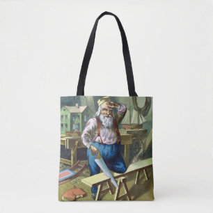 Bolsa Tote Natal Antigo, Papai Noel Construindo Brinquedos Vi