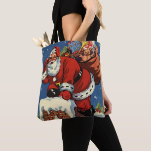 Bolsa Tote Natal Antigo, Papai Noel Descendo a Chaminé com Br