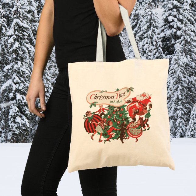 Bolsa Tote Natal Antigo Papai Noel e Crianças Dançando (Criador carregado)