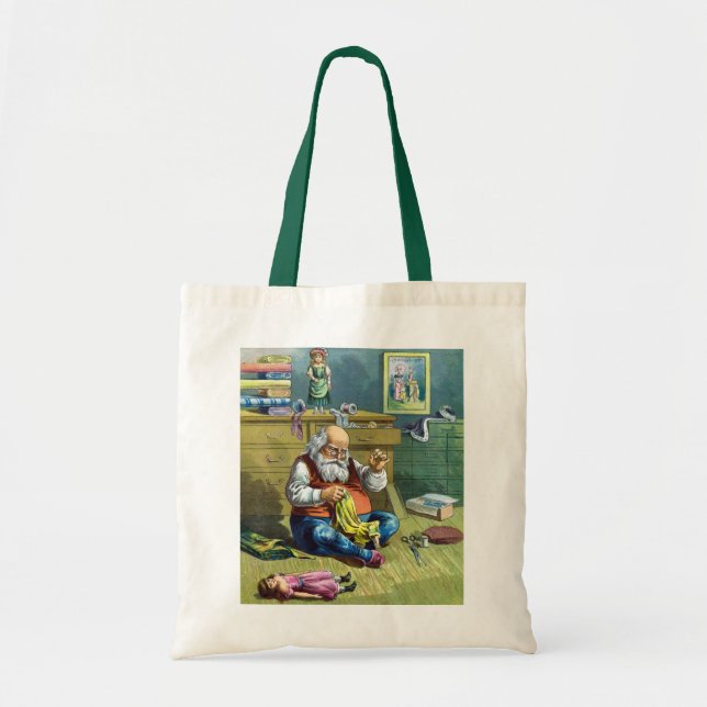Bolsa Tote Natal Antigo, Papai Noel Fazendo Bonecas de Brinqu (Frente)