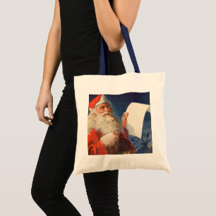 Bolsa Tote Natal Antigo, Papai Noel Lista de Meninos Bem e Ma
