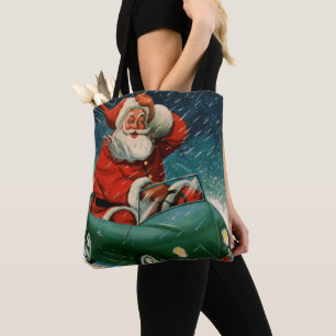 Bolsa Tote Natal Antigo, Papai Noel num Carro Fofo