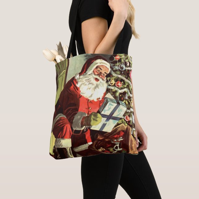 Bolsa Tote Natal Antigo, Papai Noel Retro com Presentes (Close Up)