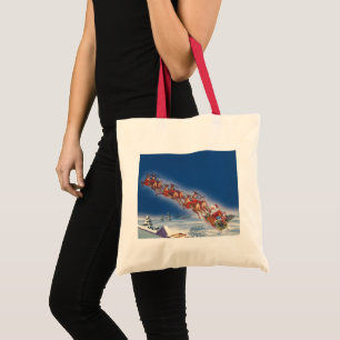 Bolsa Tote Natal Antigo, Papai Noel Voando com Trenó e Rena