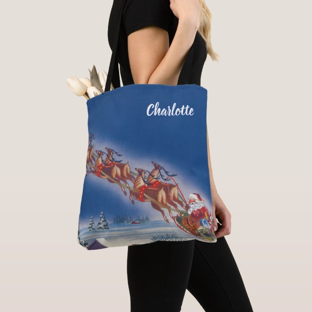 Bolsa Tote Natal Antigo, Papai Noel Voando com Trenó e Rena (Close Up)