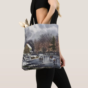 Bolsa Tote Natal Antigo, Patinadores no Início do Inverno em