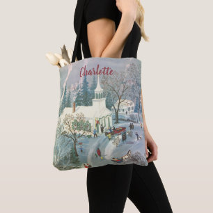 Bolsa Tote Natal Antigo, Pessoas Indo à Igreja na Neve