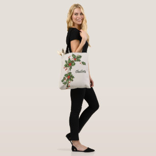 Bolsa Tote Natal Antigo, Planta de Azevinho com Bagas Vermelh