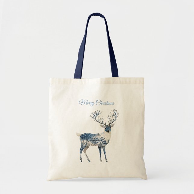 Bolsa Tote Natal Azul Branco Chic Cervo & Raposa (Frente)