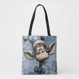 Bolsa Tote Natal Azul de Inverno Girafa Fofa Com Chapéu