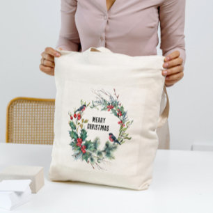Bolsa Tote Natal Berries Wreath Feliz Typografo de Natal