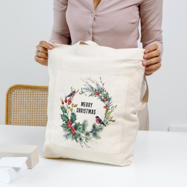 Bolsa Tote Natal Berries Wreath Feliz Typografo de Natal (Criador carregado)