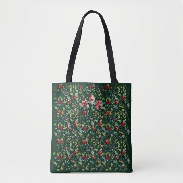 Bolsa Tote Natal Clássico Verde Pássaro Botânico Vermelho Fér (Frente)