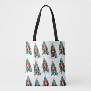 Bolsa Tote Natal com padrão de cachorro Basset Hound fofo