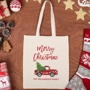 Bolsa Tote Natal de Caminhão Vermelho com Script de Pincel V