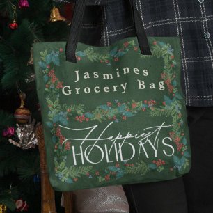 Bolsa Tote Natal de Feriado Botânico de Texto Personalizado C