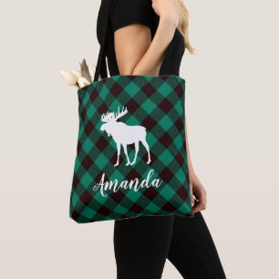 Bolsa Tote Natal do Padrão de Xadrez Verde Moose e Buffalo