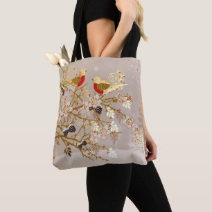 Bolsa Tote Natal Dourado do País das Aves de Neve