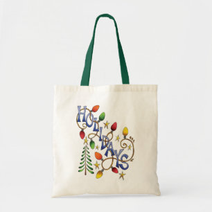 Bolsa Tote Natal Fofo, Luzes e Estrelas com Texto de Feriado