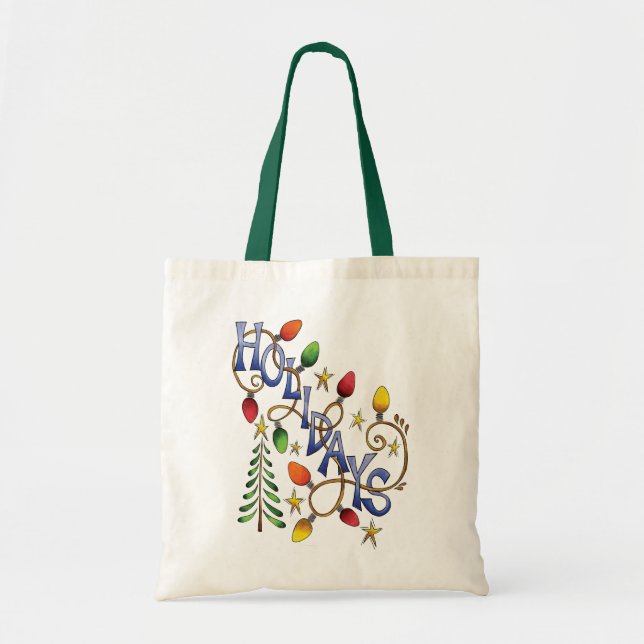 Bolsa Tote Natal Fofo, Luzes e Estrelas com Texto de Feriado (Frente)