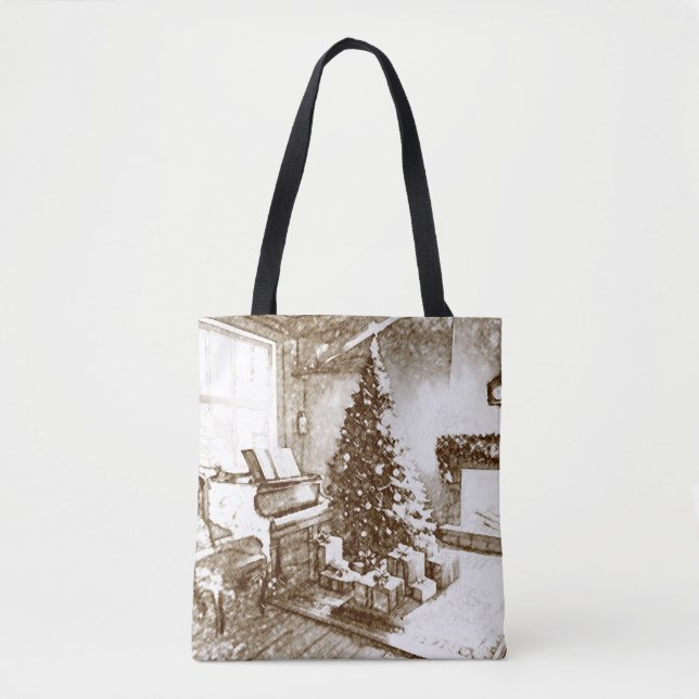 Bolsa Tote Natal Nostálgico em Casa para Compras de Natal (Frente)
