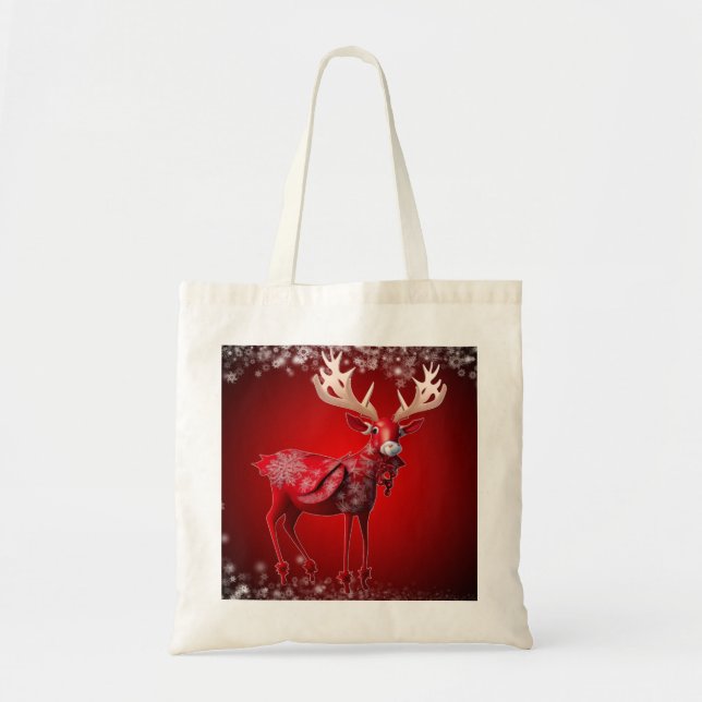 Bolsa Tote Natal Red Reindeer Flocos de neve Feriados de inve (Frente)
